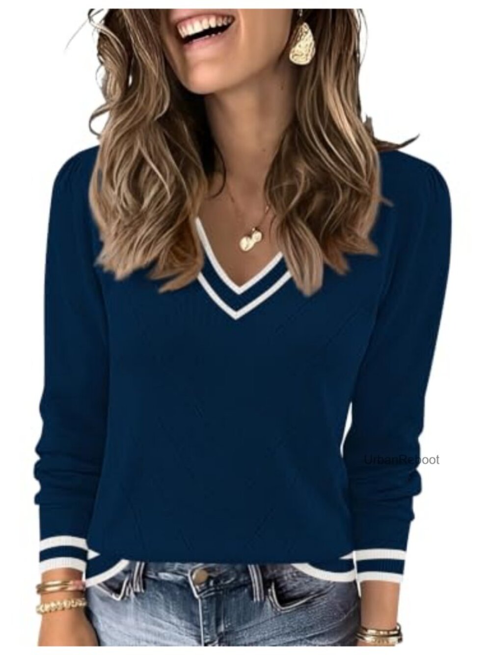 Women's V-Neck Puff Long Sleeve Lightweight Knit Pullover Sweater
